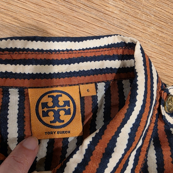 Tory Burch Button Down Dress Shirt Long Sleeve Stripe Blue Cream Orange Size 6 - Picture 7 of 11